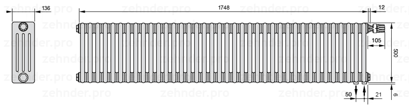 Схема (чертеж) Радиатор Zehnder Charleston 4050/38 №V002 Белый глянцевый RAL 9016